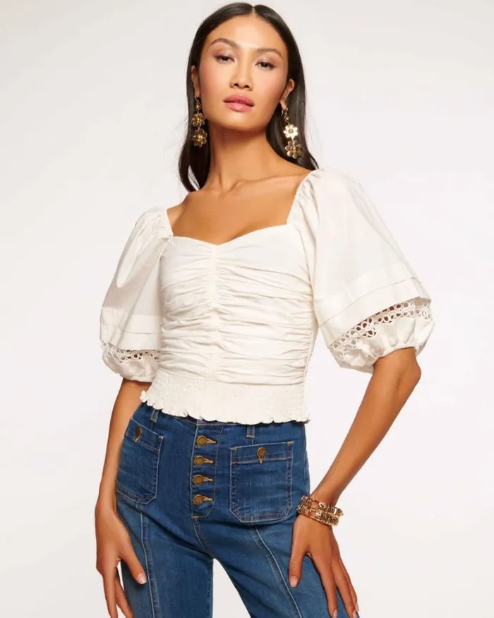 Ramy Brook Tops Women Zayla Poplin Smocked Top White
