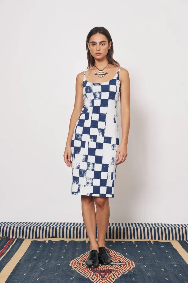 Raquel Allegra Check Ice Blue And Midnight Dakar Tank Dress Women Dresses