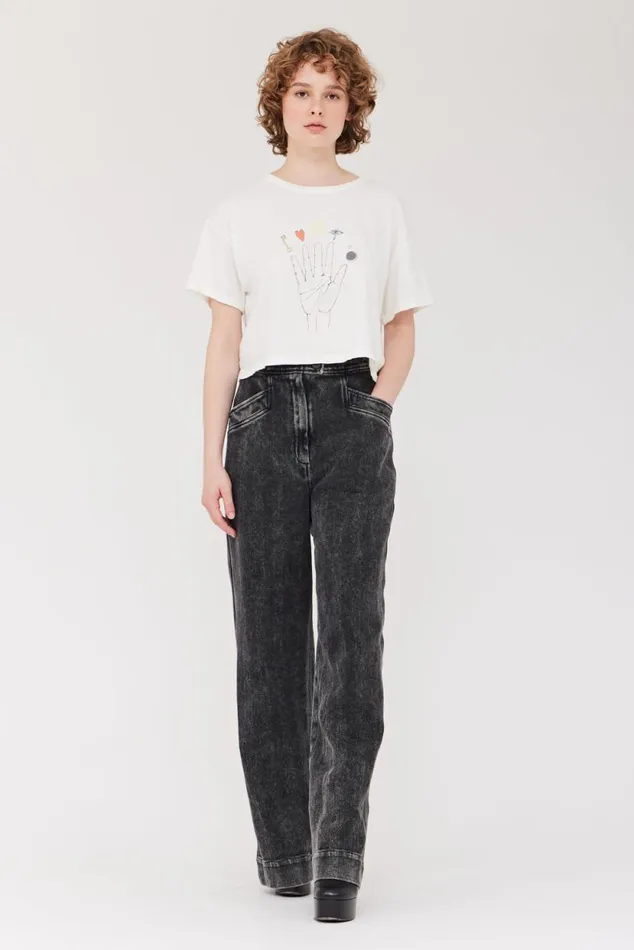 Raquel Allegra Dirty White Cosmic Hand Claudia Top Women TShirts