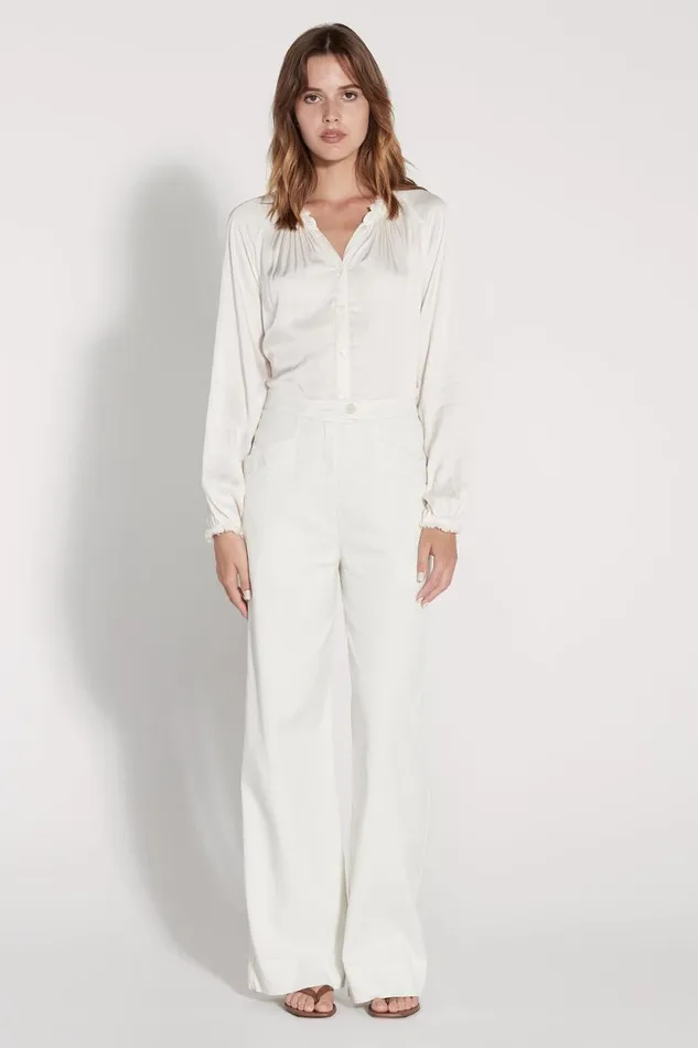 Raquel Allegra Dirty White Victorian Ruffle Blouse Women Tops
