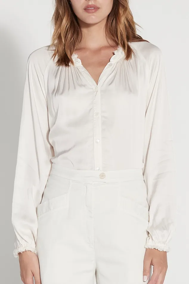 Raquel Allegra Dirty White Victorian Ruffle Blouse Women Tops