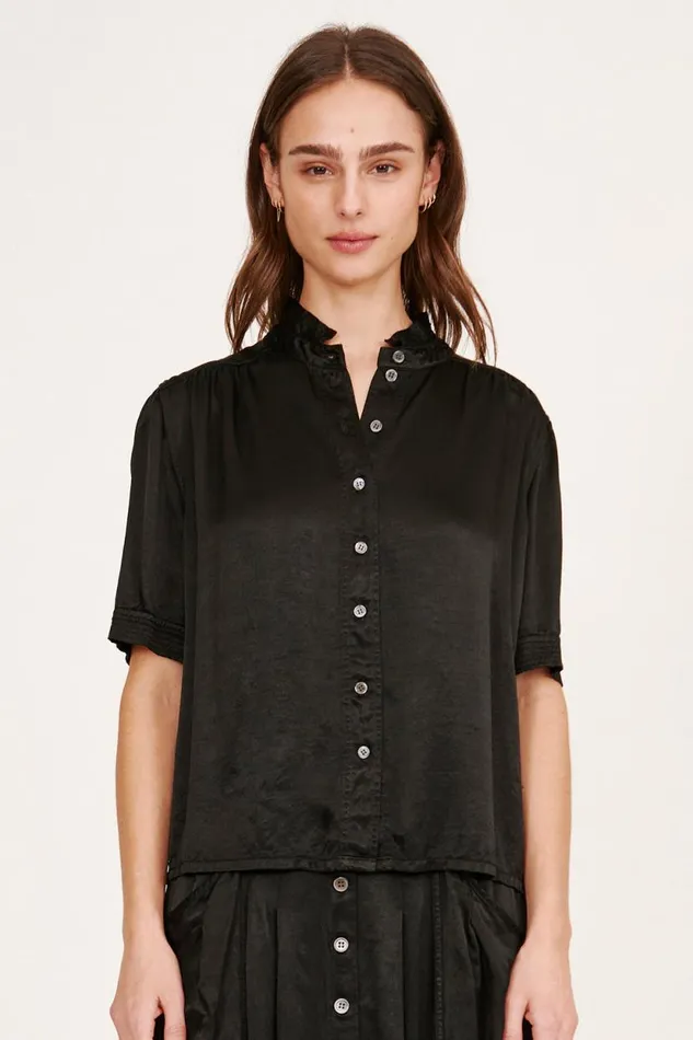 Raquel Allegra Pebble Satin Black Victory Blouse Women Tops