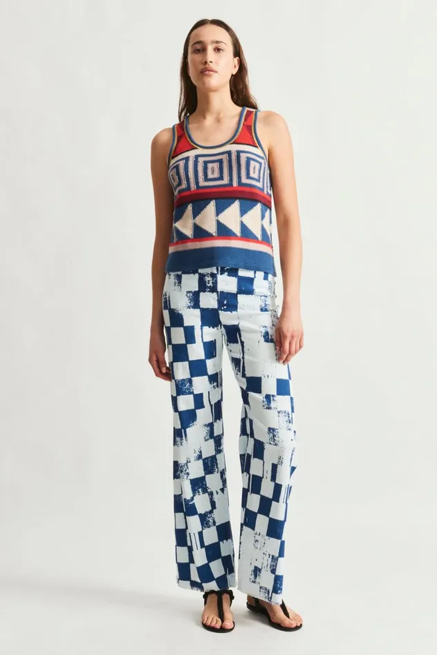 Raquel Allegra Tribal Denim Blue And Tomato Kobo Tank Women Tops