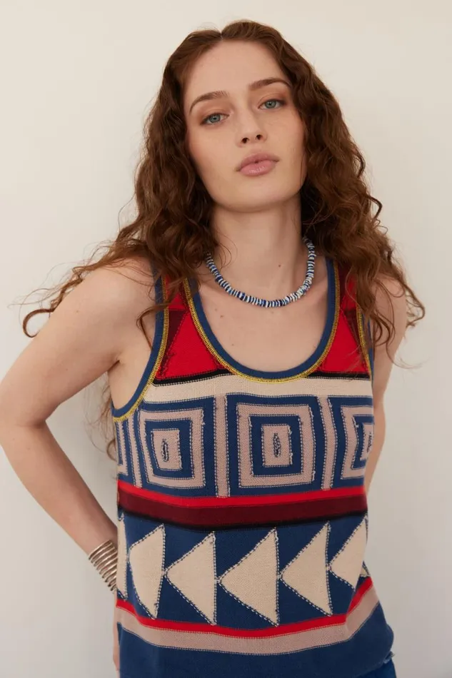 Raquel Allegra Tribal Denim Blue And Tomato Kobo Tank Women Tops