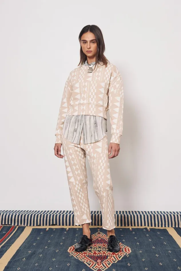 Raquel Allegra Tribal Geo Camel and Dirty White Joberg Sweatshirt Women Tops