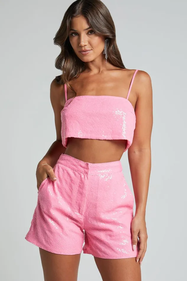 Rayden Shorts 8211 High Waisted Sequin Shorts In Pink Women Showpo Shorts