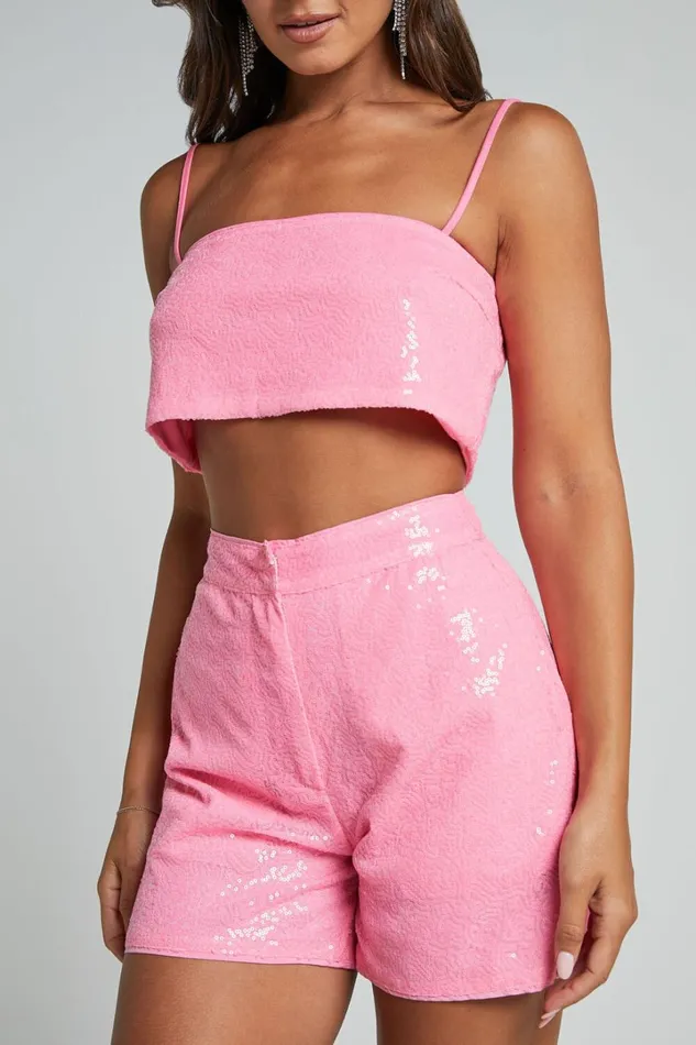Rayden Shorts 8211 High Waisted Sequin Shorts In Pink Women Showpo Shorts
