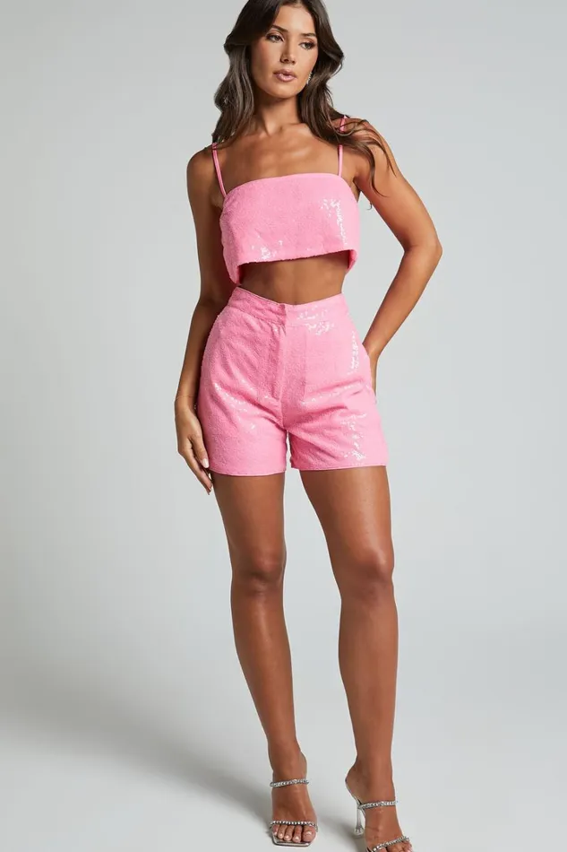 Rayden Shorts 8211 High Waisted Sequin Shorts In Pink Women Showpo Shorts