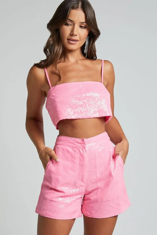 Rayden Shorts 8211 High Waisted Sequin Shorts In Pink Women Showpo Shorts