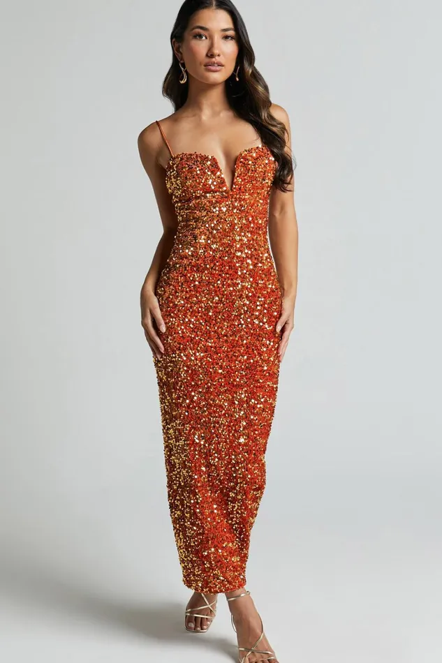 Rayner Midi Dress 8211 V Bar Sequin Bodycon Dress In Copper Women Showpo Dresses