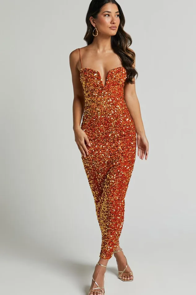 Rayner Midi Dress 8211 V Bar Sequin Bodycon Dress In Copper Women Showpo Dresses