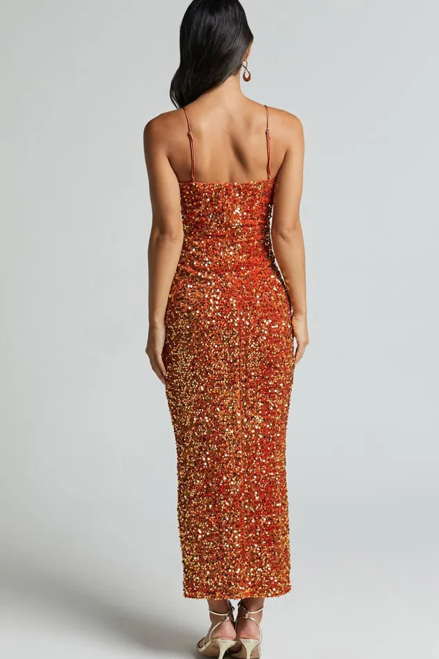 Rayner Midi Dress 8211 V Bar Sequin Bodycon Dress In Copper Women Showpo Dresses