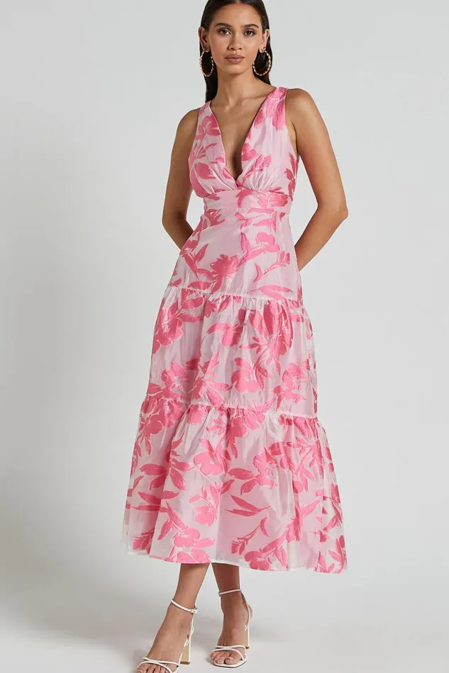 Reba Midi Dress 8211 V Neck Tiered Jacquard Dress In Pink Women Showpo Dresses