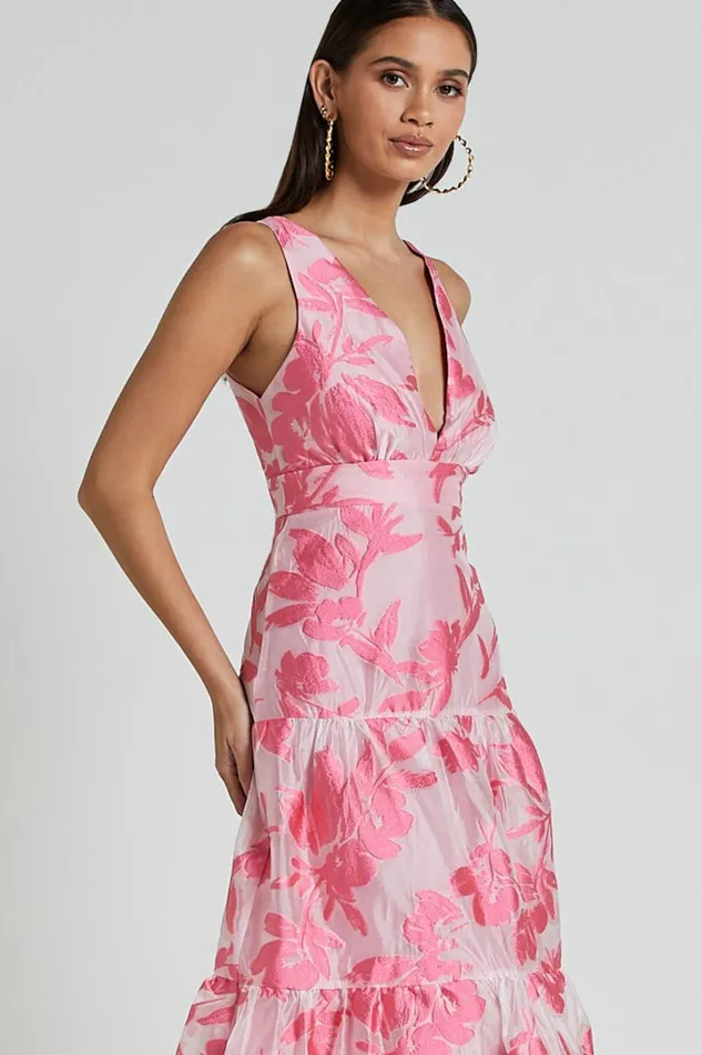 Reba Midi Dress 8211 V Neck Tiered Jacquard Dress In Pink Women Showpo Dresses