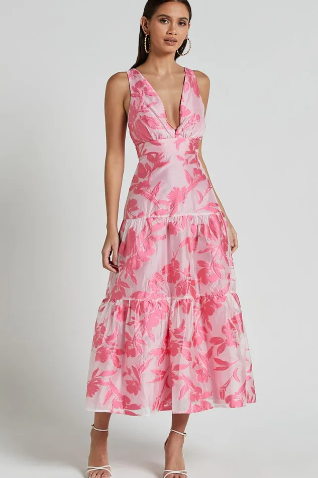 Reba Midi Dress 8211 V Neck Tiered Jacquard Dress In Pink Women Showpo Dresses
