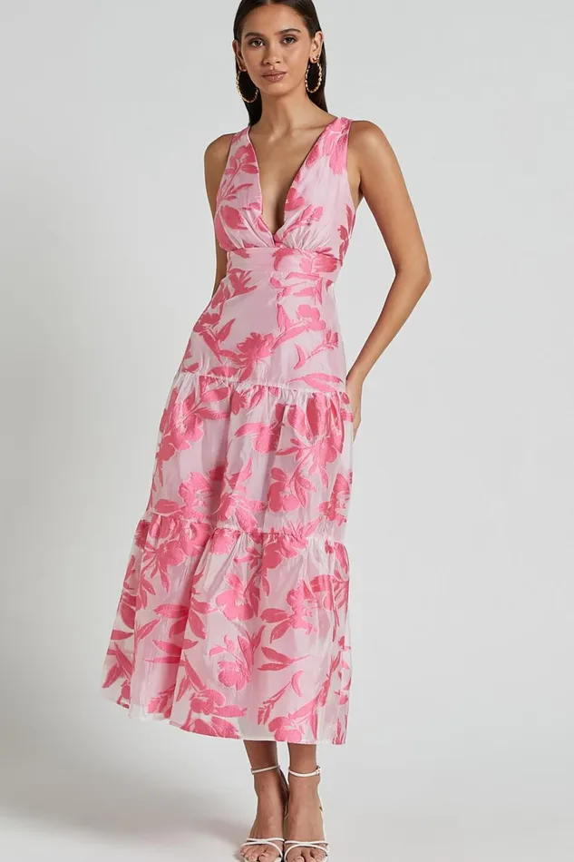 Reba Midi Dress 8211 V Neck Tiered Jacquard Dress In Pink Women Showpo Dresses