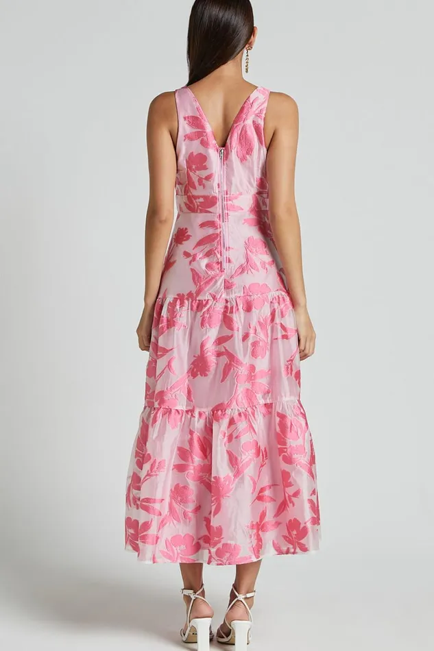 Reba Midi Dress 8211 V Neck Tiered Jacquard Dress In Pink Women Showpo Dresses