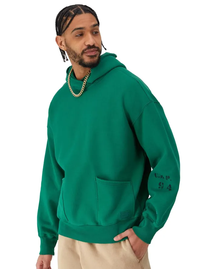 Reverse Weave Crossover Hoodie Ink Stamped Time Capsule Athletic Dark Green Men Champion Hoodies and Sweatshirts