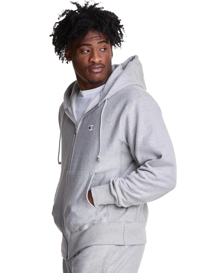 Reverse Weave Full Zip Hoodie Embroidered C Logo Oxford Grey Men Champion Hoodies and Sweatshirts