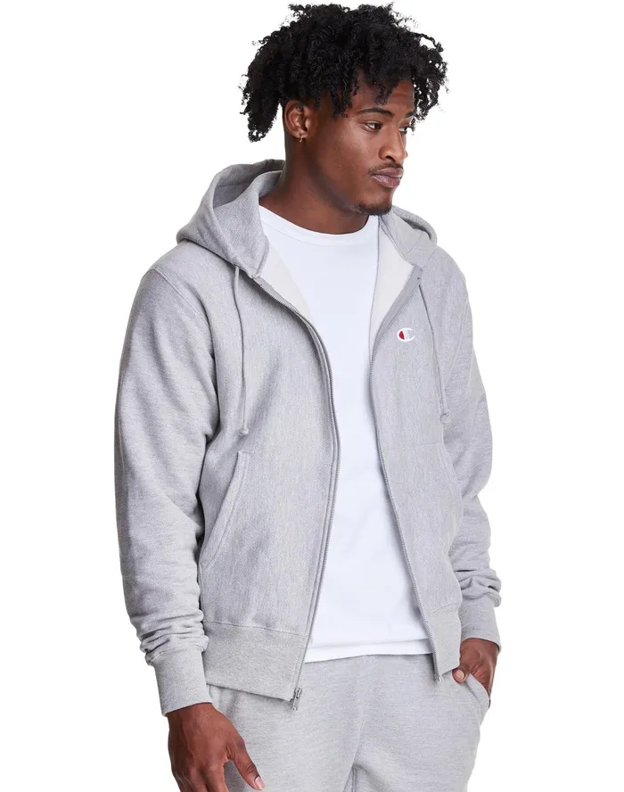 Reverse Weave Full Zip Hoodie Embroidered C Logo Oxford Grey Men Champion Hoodies and Sweatshirts