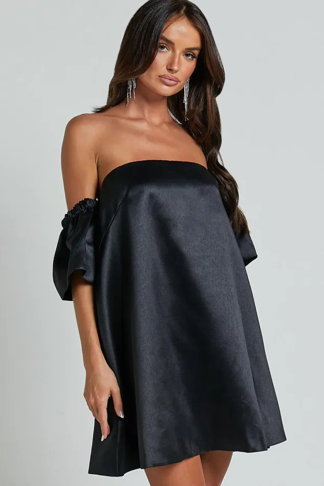 Rhaella Mini Dress 8211 Off Shoulder Puff Sleeve Structured Mini Dress In Black Women Showpo Dresses