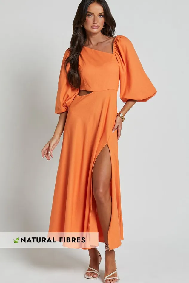 Rhyne Midi Dress 8211 Asymmetric Puff Sleeve Side Cut Out A Line Dress In Papaya Women Showpo Curve Clothes Rhyne Midi Dress 8211 Asymmetric Puff Sleeve Side Cut Out A Line Dress In Papaya Women Showpo Curve Clothes