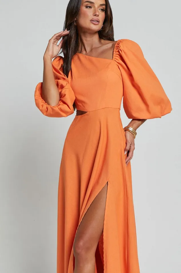 Rhyne Midi Dress 8211 Asymmetric Puff Sleeve Side Cut Out A Line Dress In Papaya Women Showpo Curve Clothes