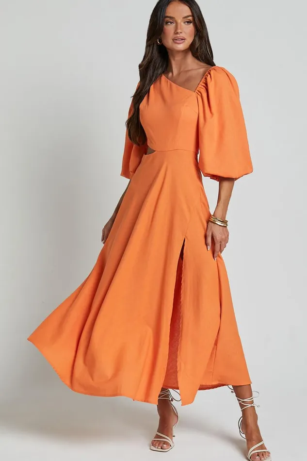 Rhyne Midi Dress 8211 Asymmetric Puff Sleeve Side Cut Out A Line Dress In Papaya Women Showpo Curve Clothes