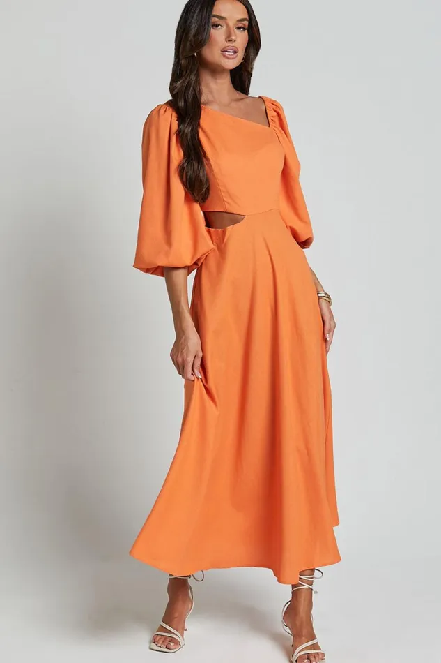 Rhyne Midi Dress 8211 Asymmetric Puff Sleeve Side Cut Out A Line Dress In Papaya Women Showpo Curve Clothes