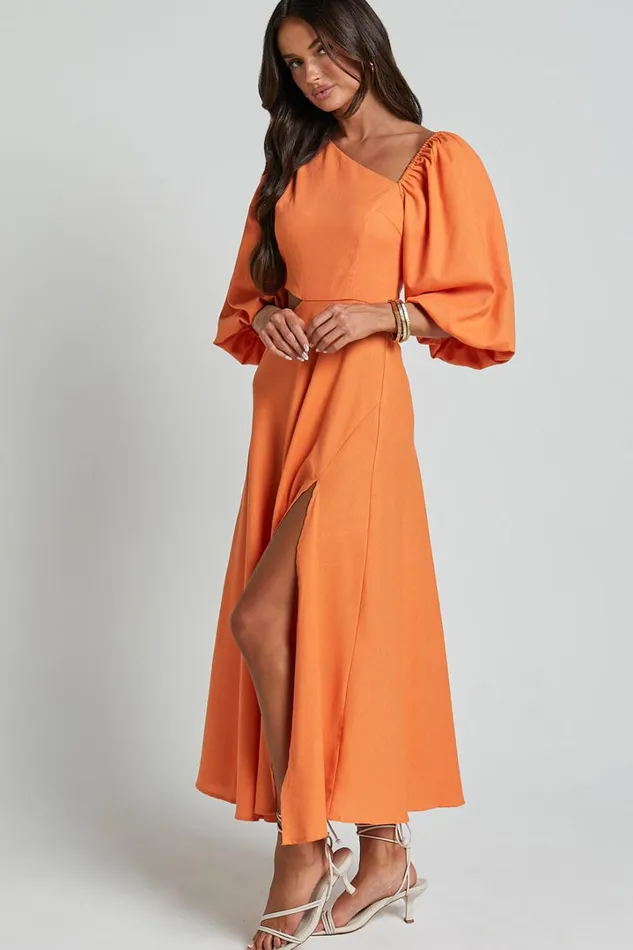 Rhyne Midi Dress 8211 Asymmetric Puff Sleeve Side Cut Out A Line Dress In Papaya Women Showpo Curve Clothes