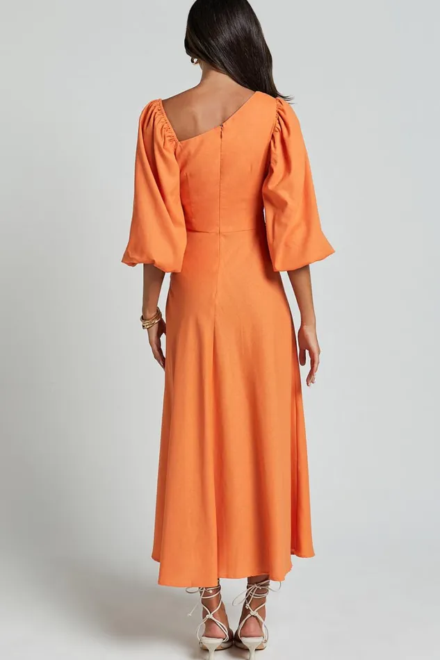 Rhyne Midi Dress 8211 Asymmetric Puff Sleeve Side Cut Out A Line Dress In Papaya Women Showpo Curve Clothes