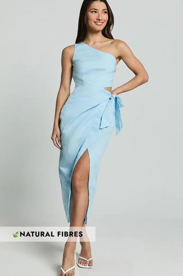 Rina Midi Dress 8211 One Shoulder Side Cut Out Wrap Dress In Blue Women Showpo Conscious Rina Midi Dress 8211 One Shoulder Side Cut Out Wrap Dress In Blue Women Showpo Conscious