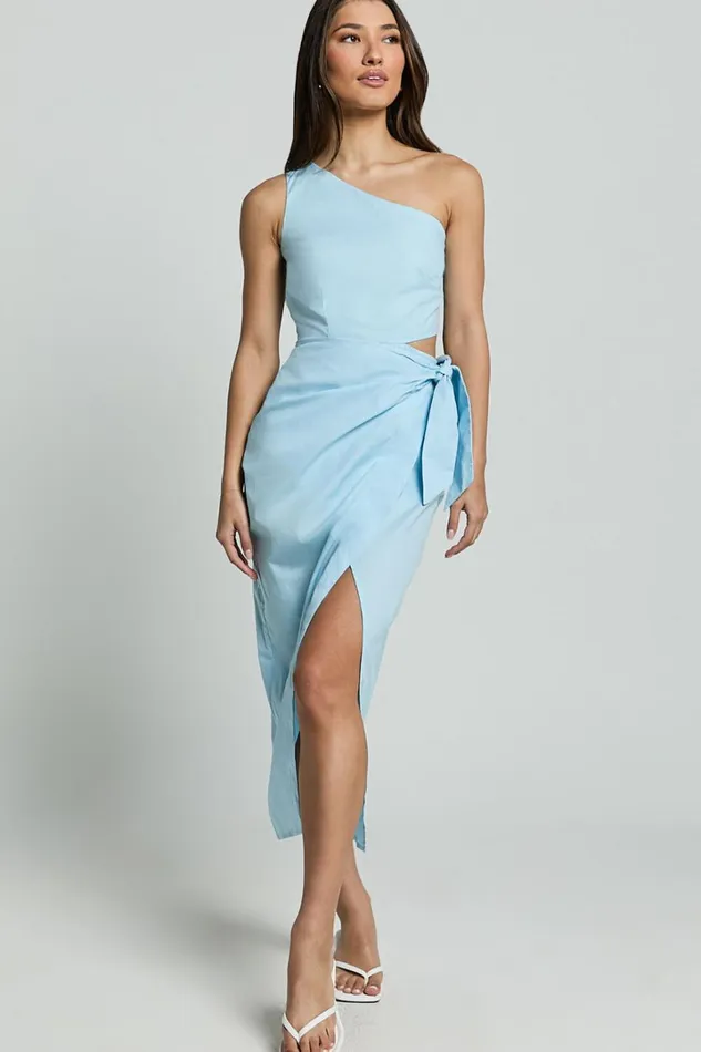 Rina Midi Dress 8211 One Shoulder Side Cut Out Wrap Dress In Blue Women Showpo Conscious