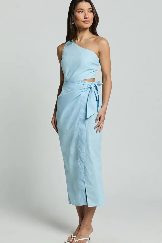 Rina Midi Dress 8211 One Shoulder Side Cut Out Wrap Dress In Blue Women Showpo Conscious