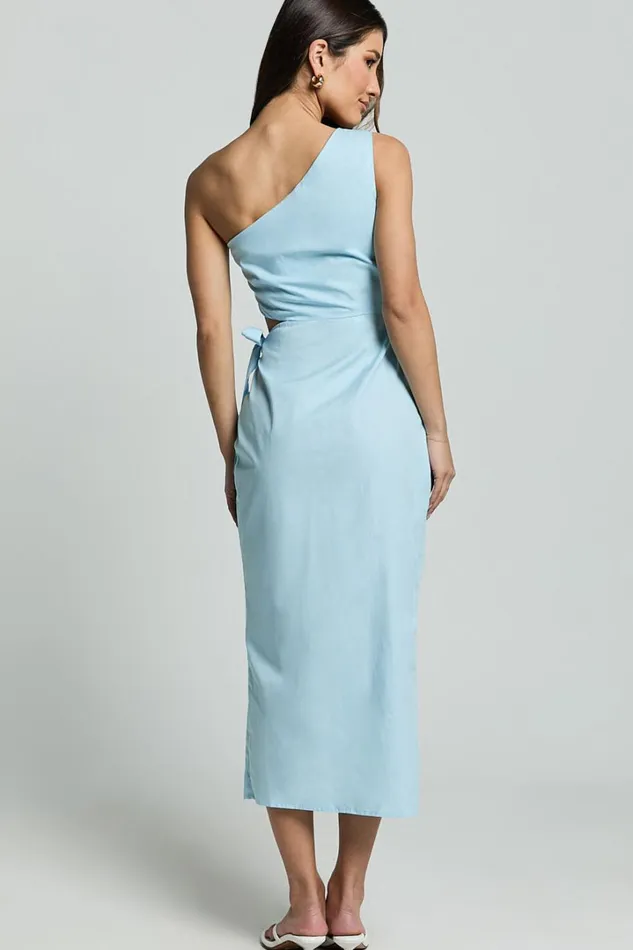 Rina Midi Dress 8211 One Shoulder Side Cut Out Wrap Dress In Blue Women Showpo Conscious
