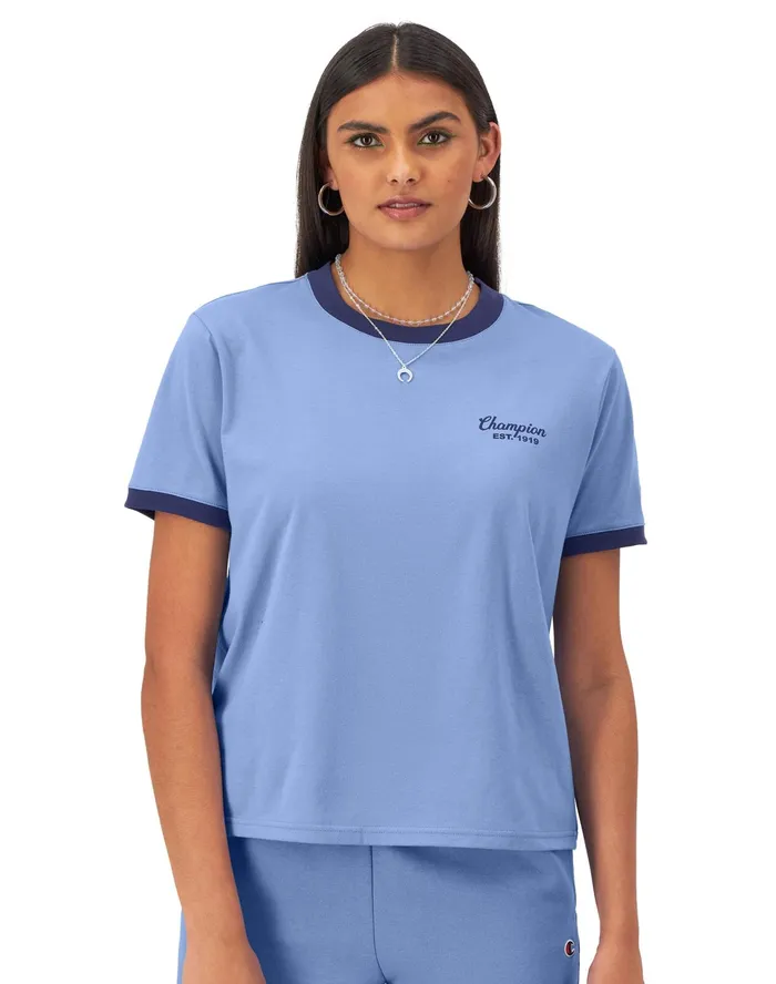 Ringer TShirt Champion 1919 Graphic Plaster Blueblown Glass Blue Women Champion TShirts and Tops Ringer TShirt Champion 1919 Graphic Plaster Blueblown Glass Blue Women Champion TShirts and Tops