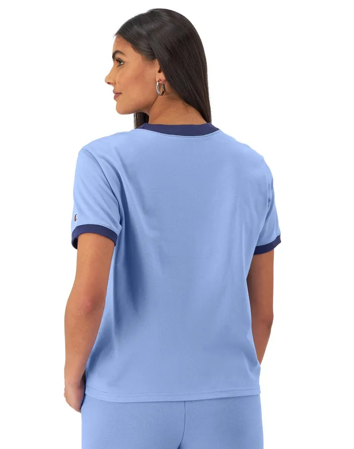 Ringer TShirt Champion 1919 Graphic Plaster Blueblown Glass Blue Women Champion TShirts and Tops