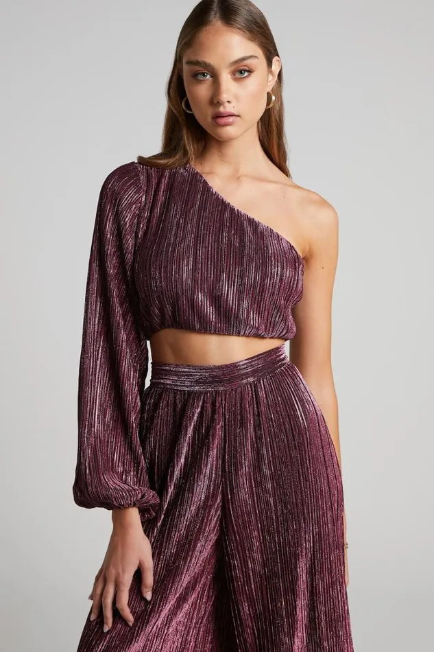 Roellah Top 8211 Lurex Plisse One Shoulder Crop Top In Pink Women Showpo Curve Clothes
