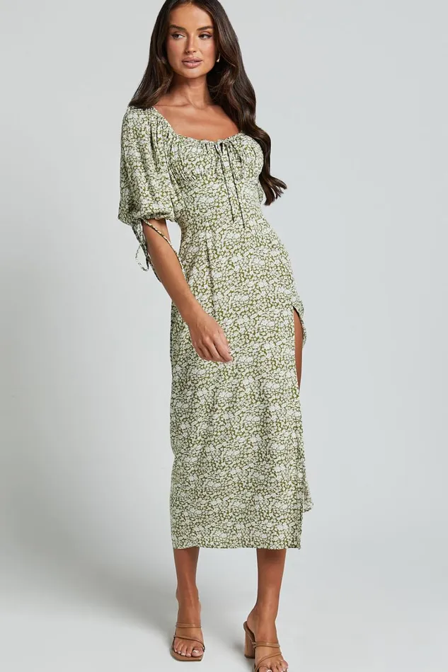 Rosario Midi Dress 8211 Ruched Bust Puff Sleeve Dress In Olive Floral Women Showpo Dresses Rosario Midi Dress 8211 Ruched Bust Puff Sleeve Dress In Olive Floral Women Showpo Dresses