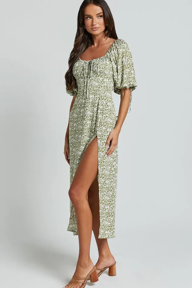Rosario Midi Dress 8211 Ruched Bust Puff Sleeve Dress In Olive Floral Women Showpo Dresses