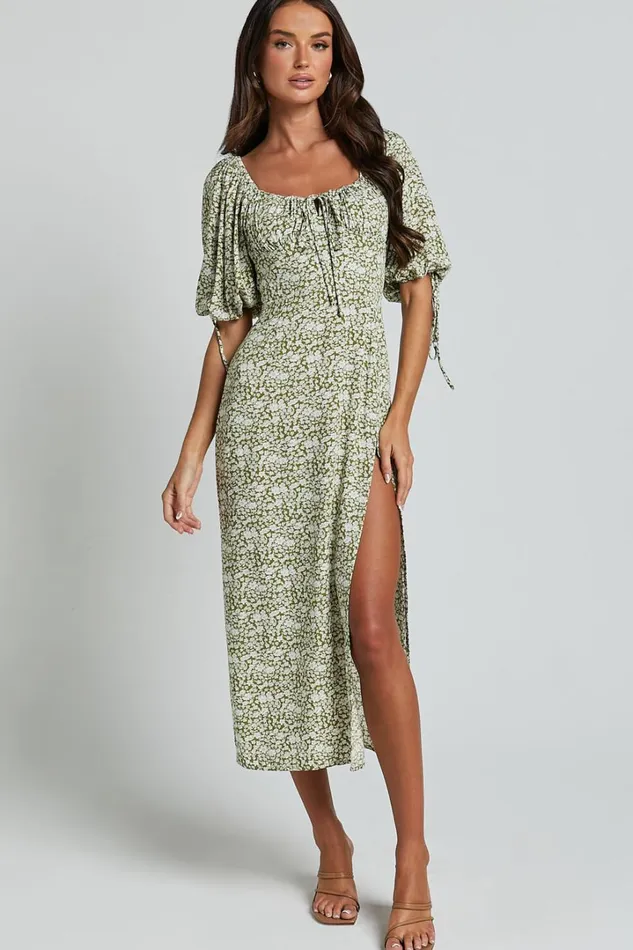 Rosario Midi Dress 8211 Ruched Bust Puff Sleeve Dress In Olive Floral Women Showpo Dresses