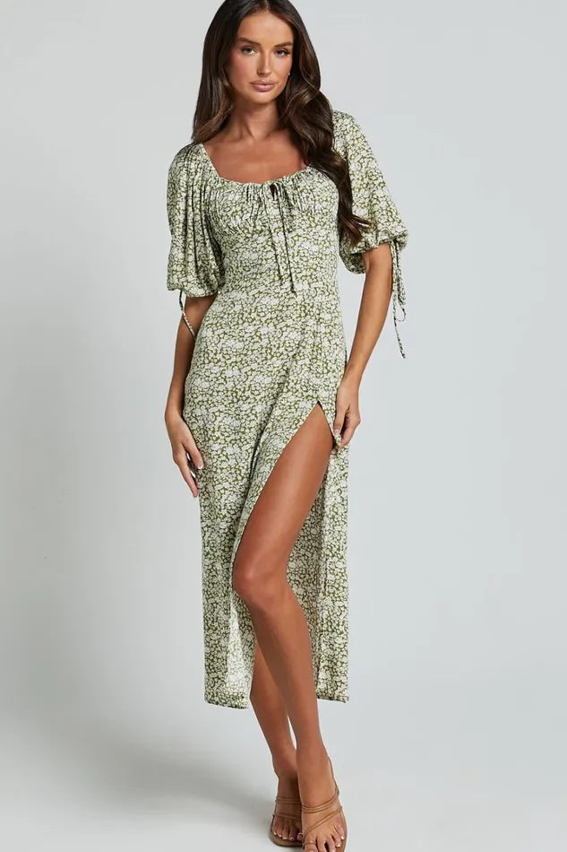 Rosario Midi Dress 8211 Ruched Bust Puff Sleeve Dress In Olive Floral Women Showpo Dresses
