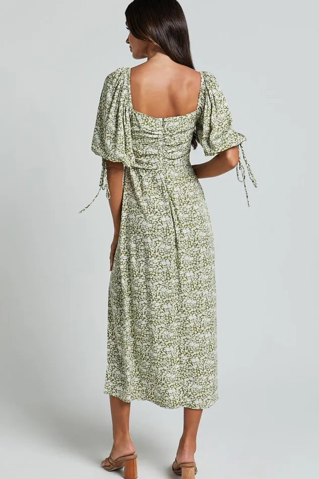 Rosario Midi Dress 8211 Ruched Bust Puff Sleeve Dress In Olive Floral Women Showpo Dresses
