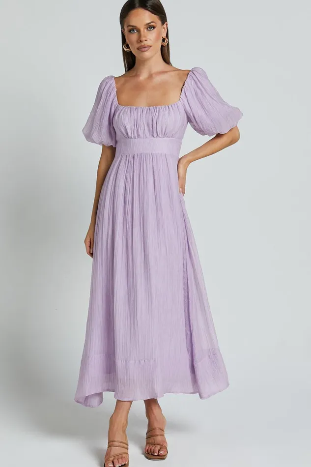 Roshina Midi Dress 8211 Straight Neck Puff Sleeve Dress In Lavender Women Showpo Curve Clothes