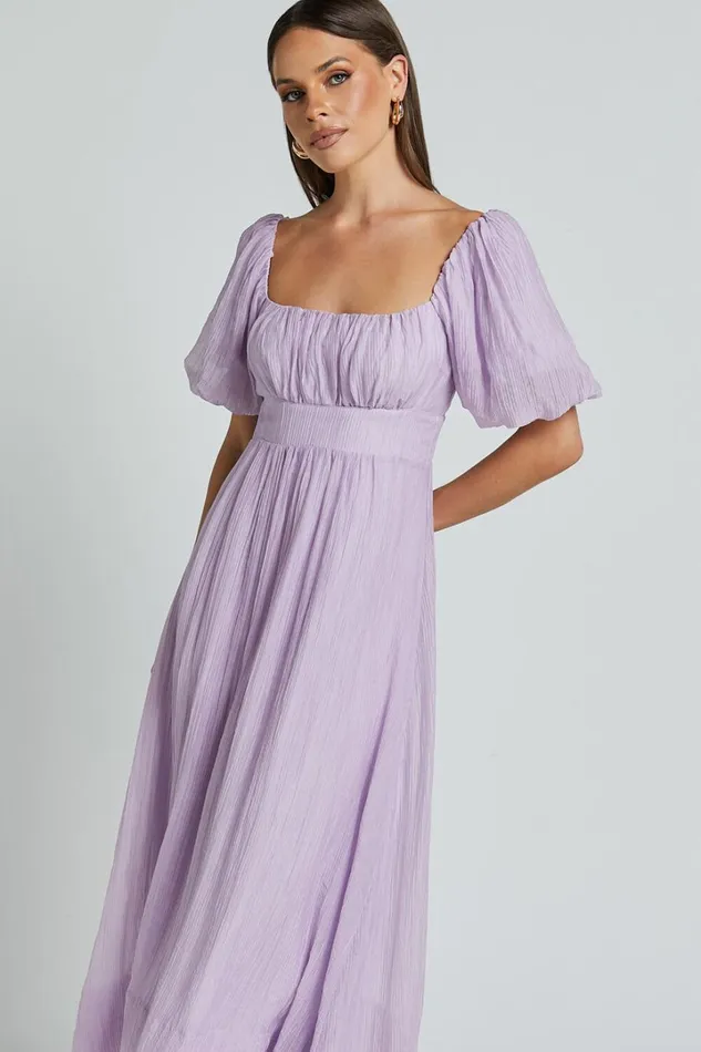 Roshina Midi Dress 8211 Straight Neck Puff Sleeve Dress In Lavender Women Showpo Curve Clothes