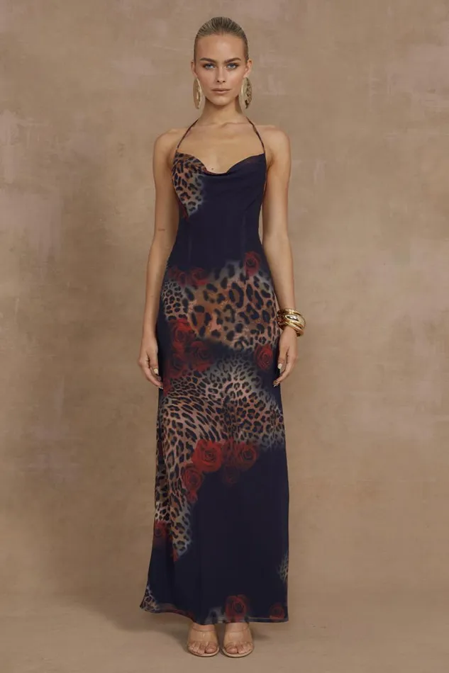 Runaway The Label Slip Dresses BENITO MAXI DRESS Black Leopard 8211 Women