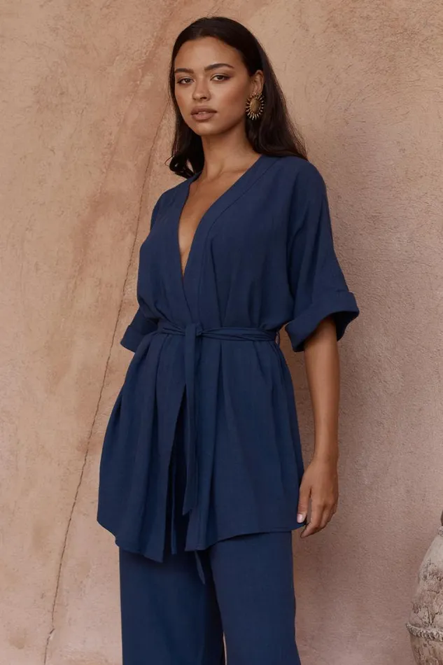 Runaway The Label Summer Sets ZOE KIMONO TOP Navy 8211 Women
