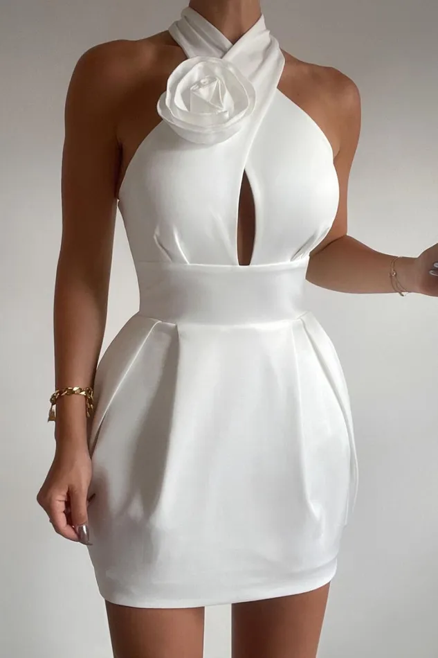 Sabatine Mini Dress 8211 Halter Tie Neck Rosette Detail In White Women Showpo Dresses
