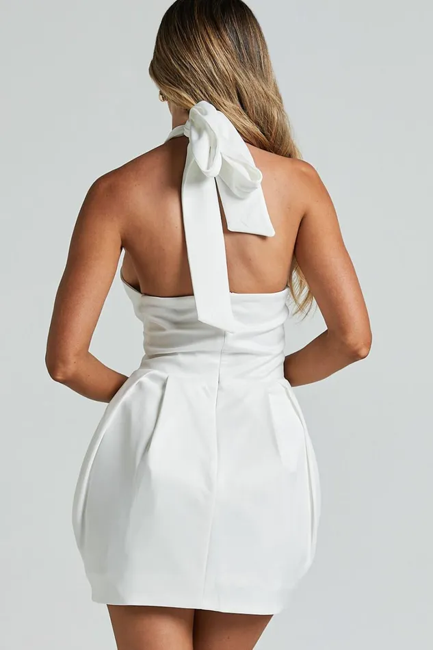 Sabatine Mini Dress 8211 Halter Tie Neck Rosette Detail In White Women Showpo Dresses