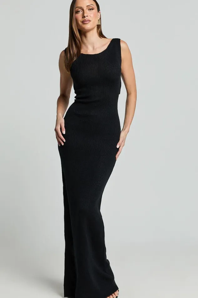 Sanya Midi Dress 8211 Bodycon Knitted Tie Back Dress In Black Women Showpo Knitwear